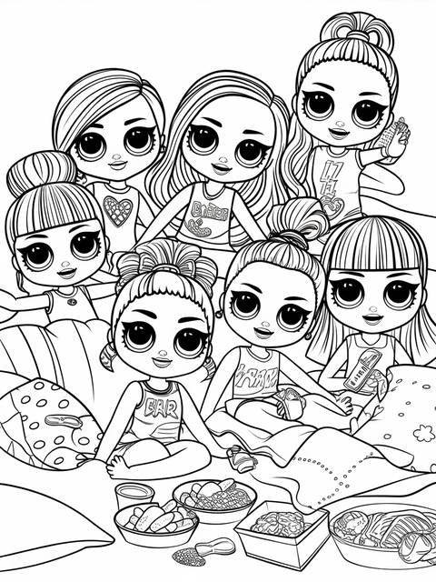 Black and white illustration of a group of bratz dolls enjoying food and fun