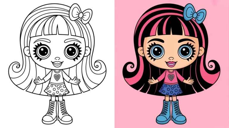 Bratz coloring page: a two-panel image of a cartoon girl, one colored, one line art