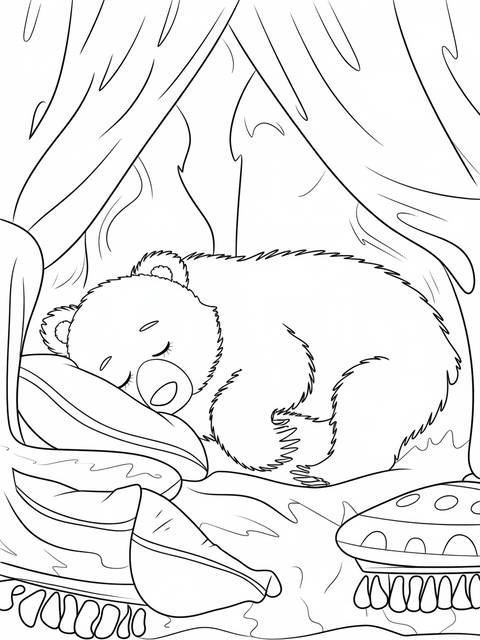 A brown bear asleep on a pillow, inside a cozy, illustrated cover