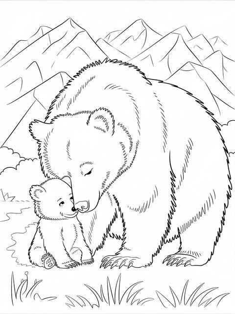 Brown bear cuddling a small bear cub; coloring page with mountain background