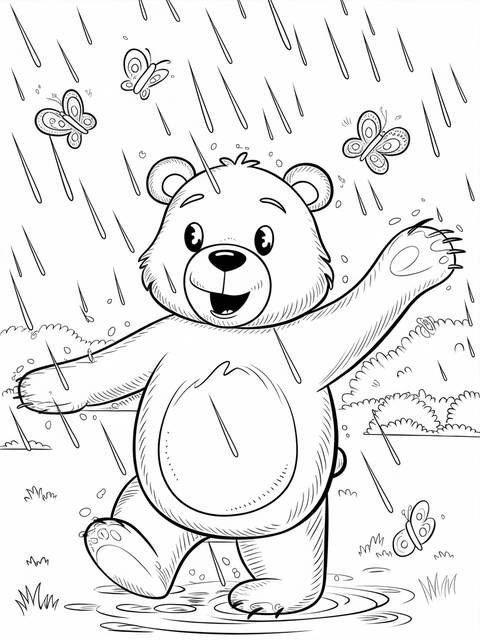 Brown bear dancing in the rain, surrounded by butterflies, a coloring page