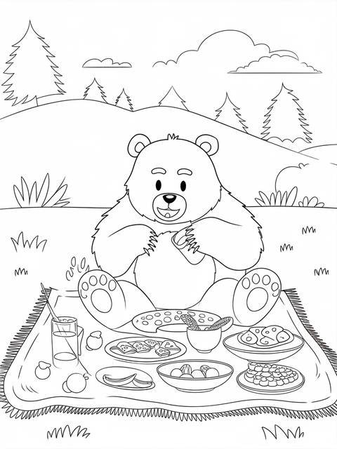 Brown bear enjoying a picnic with various foods on a blanket in nature