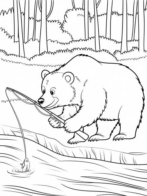 Brown bear fishing by a river, holding a fishing rod, with a fish
