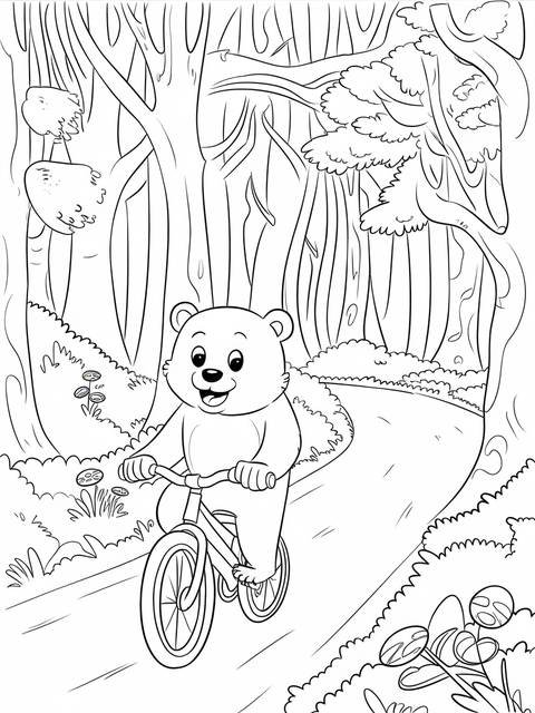Brown bear riding a bicycle on a path through a forest, coloring page