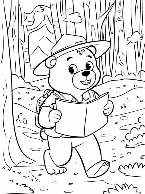 Brown bear ranger reading a book, walking through a forest scene