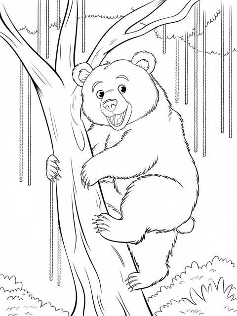 A playful brown bear climbing a tree, ready for coloring