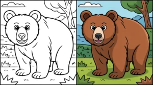 Brown bear coloring page with a finished colored version and a blank panel