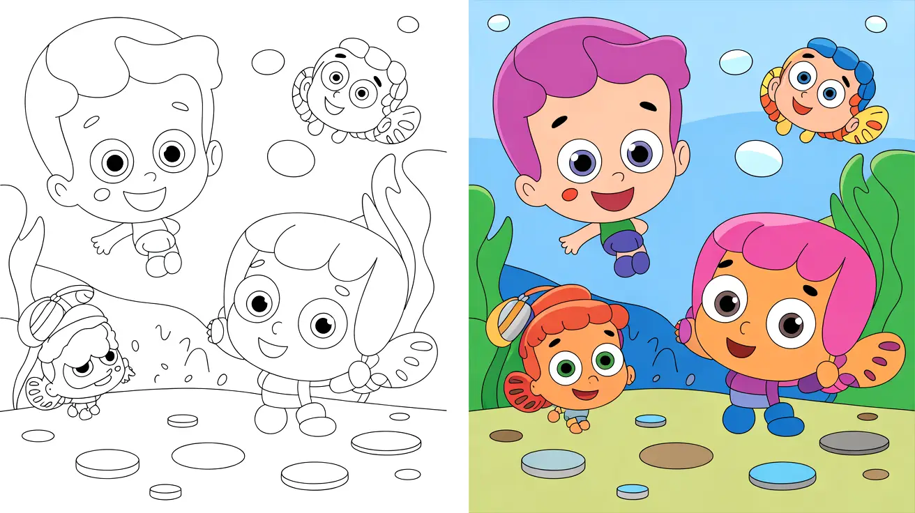 Bubble guppies coloring page featuring cartoon characters swimming underwater with bubbles