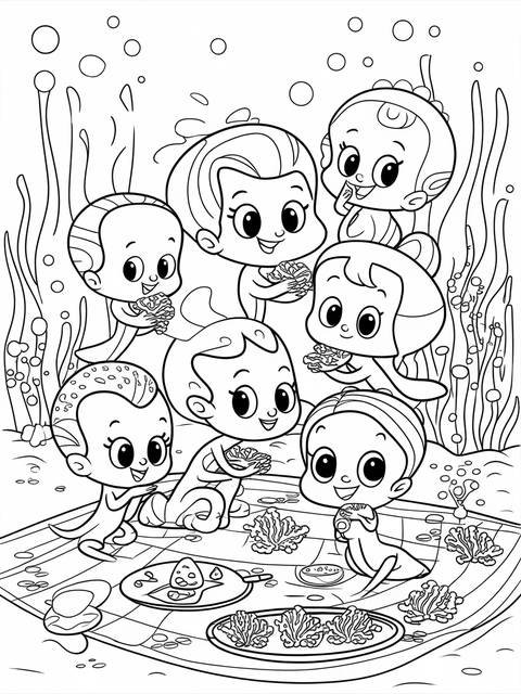 Bubble guppies underwater coloring page featuring multiple characters with food and bubbles