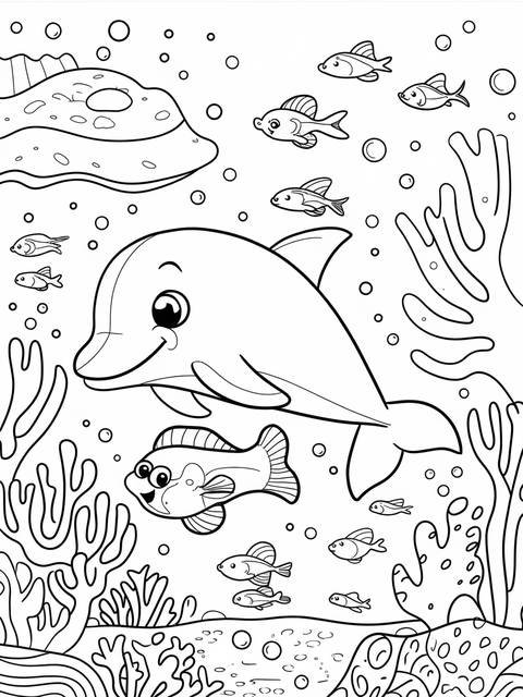 Coloring page featuring goby from bubble guppies swimming with other fish underwater
