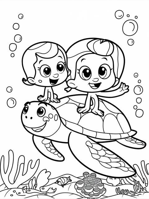 Molly and gil from bubble guppies riding a turtle underwater, a coloring page
