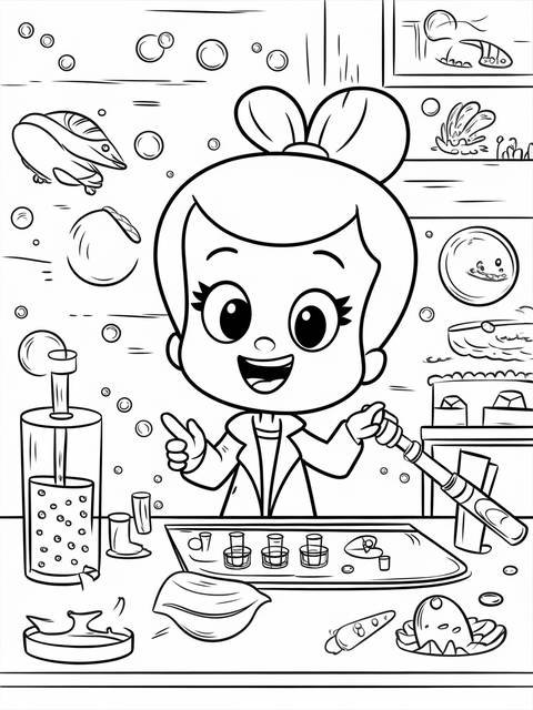 Nonny from bubble guppies in a bubble-filled scene, coloring page