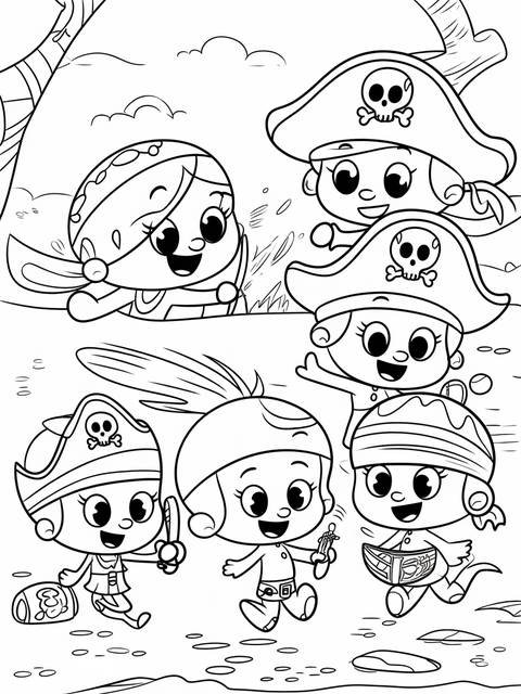 Black and white coloring page featuring bubble guppies dressed as pirates, ready for adventure