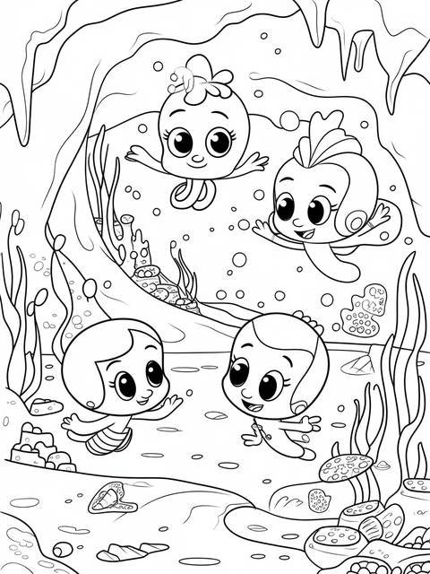 Coloring page featuring the bubble guppies exploring an underwater environment
