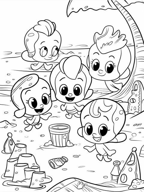 Black and white coloring page featuring the bubble guppies characters at the beach