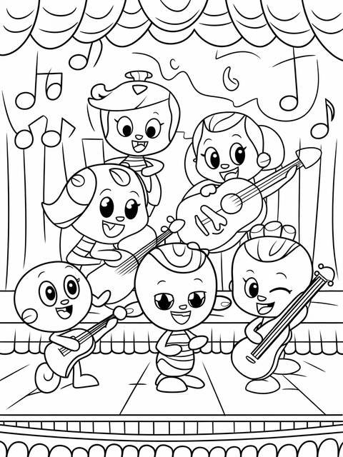 Bubble guppies band playing guitars on stage, a coloring page for kids