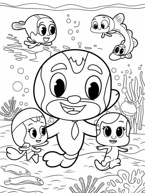 Black and white coloring page featuring mr. grouper and other bubble guppies characters