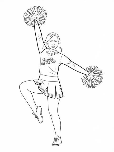 Line drawing of a buffalo bills cheerleader holding pom-poms, cheering enthusiastically