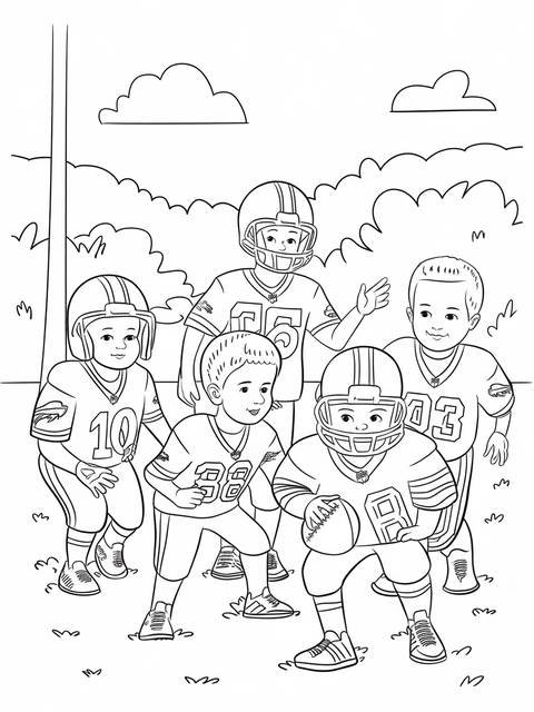 Buffalo bills coloring page: group of children playing football, wearing helmets and jerseys