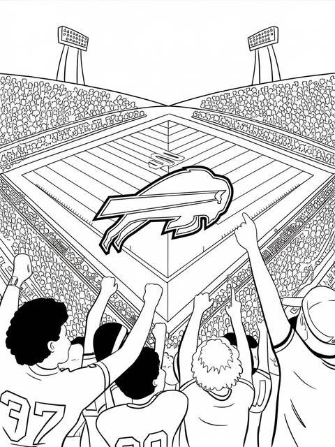 Buffalo bills football field coloring page with fans cheering and the team logo