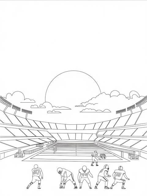 Buffalo bills football game scene at sunset, coloring page of players