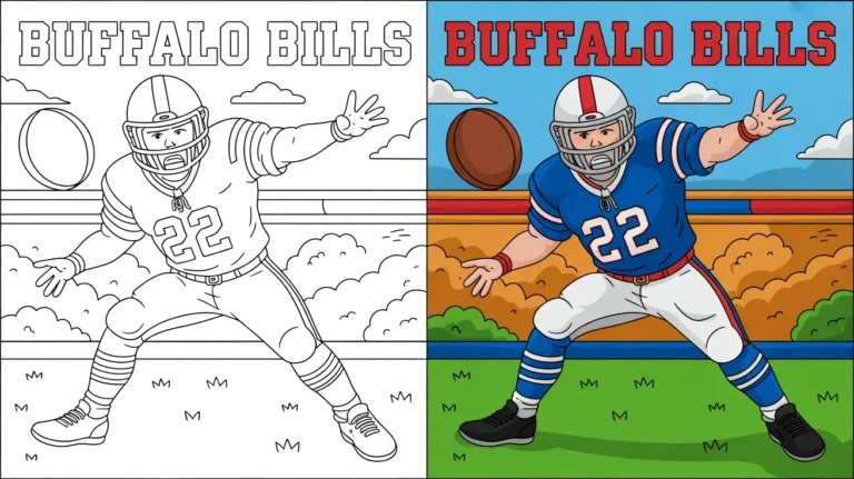Two-panel buffalo bills coloring page featuring a football player catching a pass