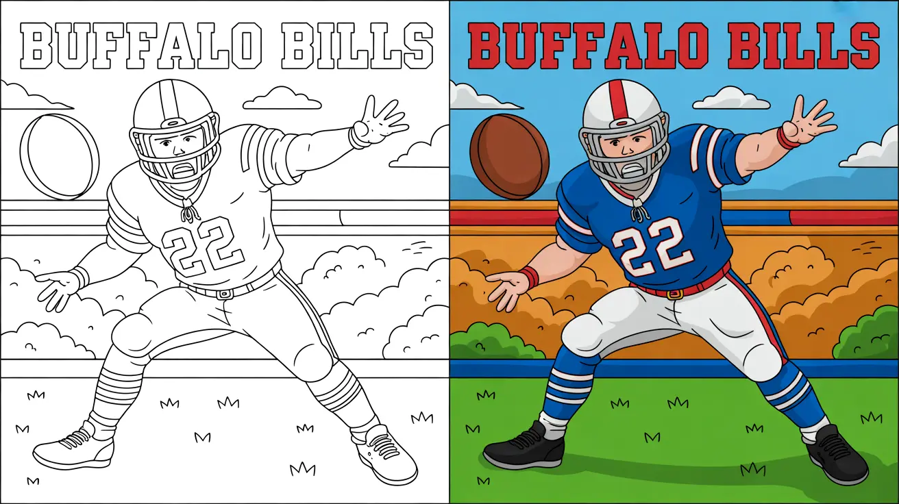 Two-panel buffalo bills coloring page featuring a football player catching a pass