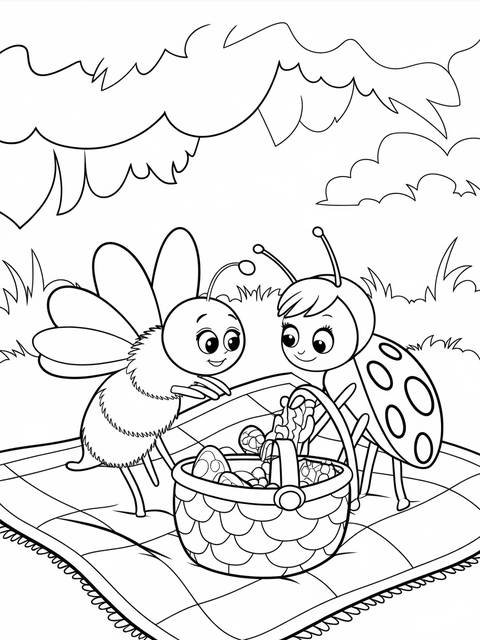 A coloring page featuring a bumble bee and ladybug with a picnic basket