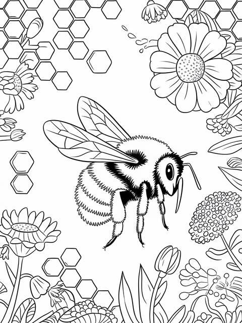 A buzzing bumble bee illustration among flowers and honeycomb shapes, a coloring page