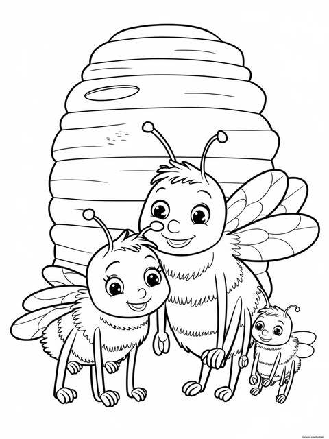 A coloring page depicting a bumble bee family with a mother and two children