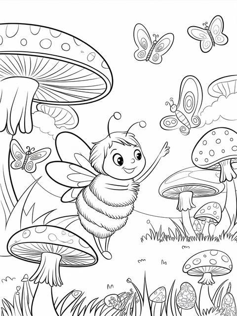 A coloring page of a bumble bee playing with butterflies and mushrooms