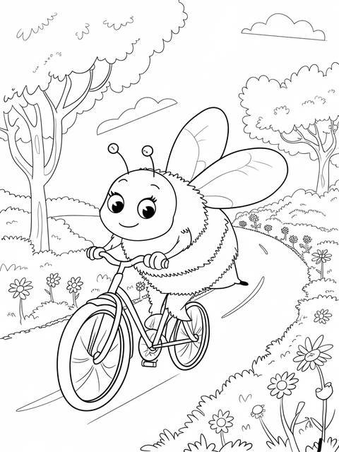 A bumble bee riding a bicycle on a path, a coloring page