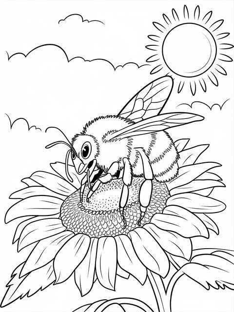 Bumble bee sitting on a sunflower, with the sun and clouds in the background