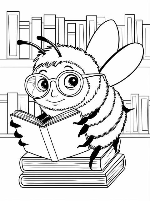 A bumble bee wearing glasses reads a book, with a bookshelf in the background