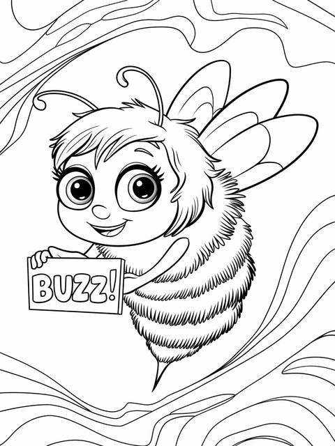 A coloring page of a smiling bumble bee holding a 'buzz!' sign