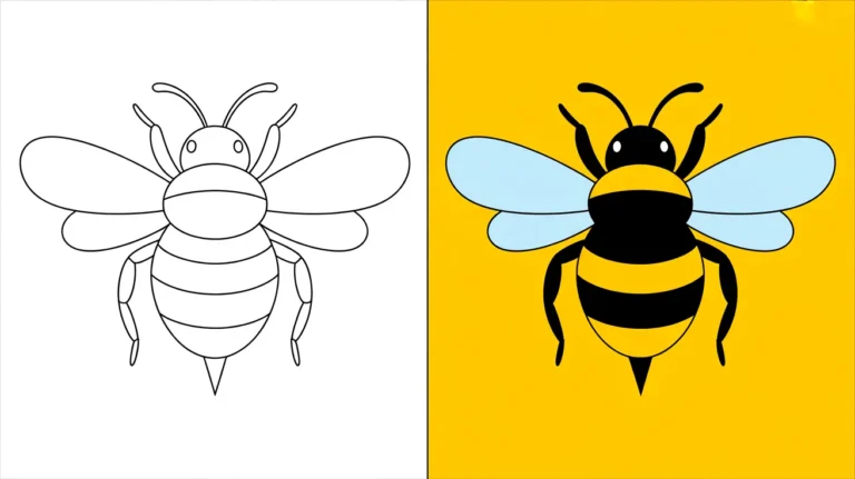 Bumble bee coloring page: a two-panel image, one colored, one outlined