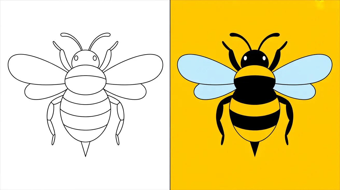 Bumble bee coloring page: a two-panel image, one colored, one outlined
