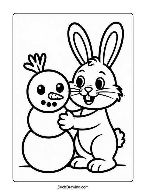 A cartoon bunny hugging a snowman, both drawn in black and white