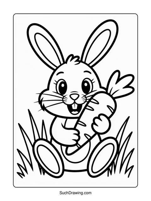 A cartoon rabbit holding a carrot, sitting in the grass, line art