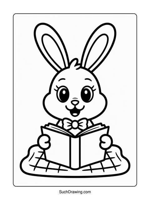 Black and white illustration of a bunny reading a book