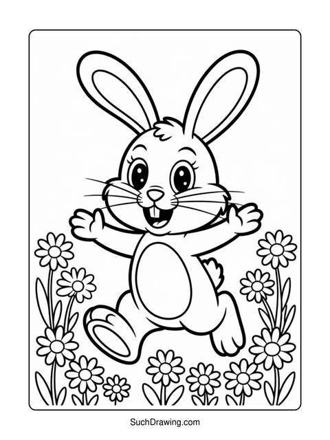 Black and white illustration of a bunny with flowers, ready for coloring