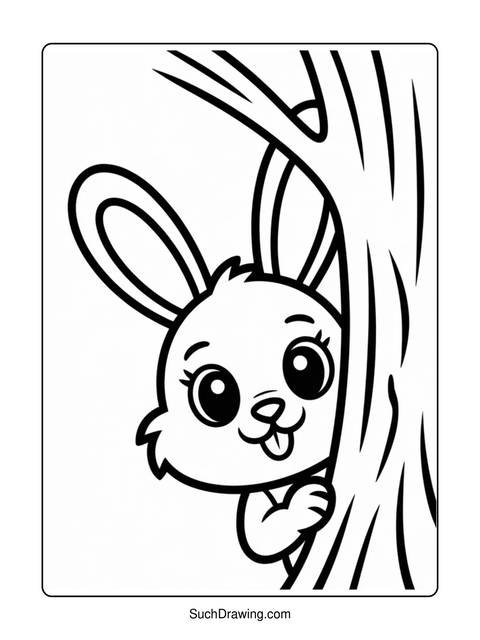 A cute cartoon bunny peeking from behind a tree trunk