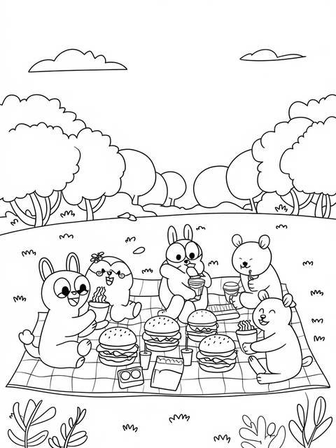 Black and white illustration of a burger-themed picnic with cute animal characters