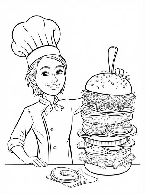 A chef proudly presenting a tall burger, a coloring page illustration