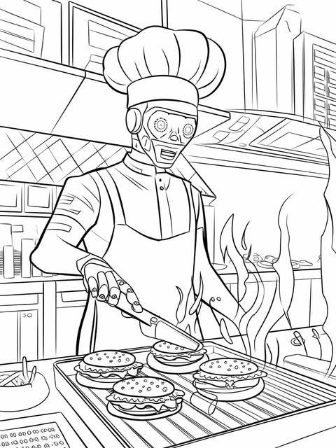 Futuristic robotic burger chef preparing burgers on a grill in a kitchen setting