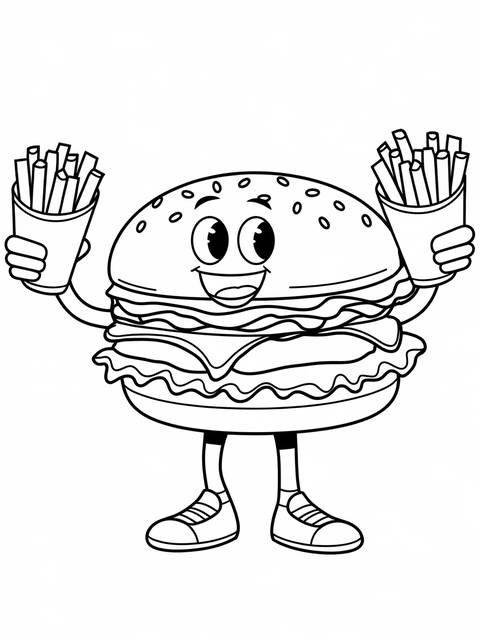 Playful anthropomorphic burger holding fries, from a coloring page