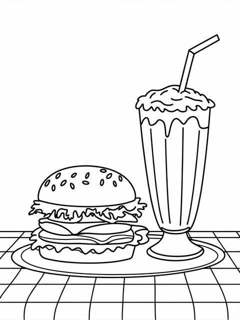 A vintage diner scene coloring page featuring a burger and milkshake