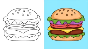 Burger coloring page: a two-panel image with a colored and outline burger