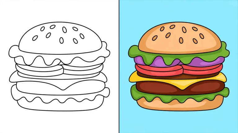 Burger coloring page: a two-panel image with a colored and outline burger