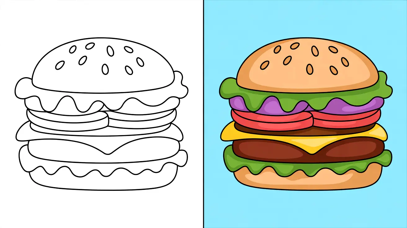 Burger coloring page: a two-panel image with a colored and outline burger